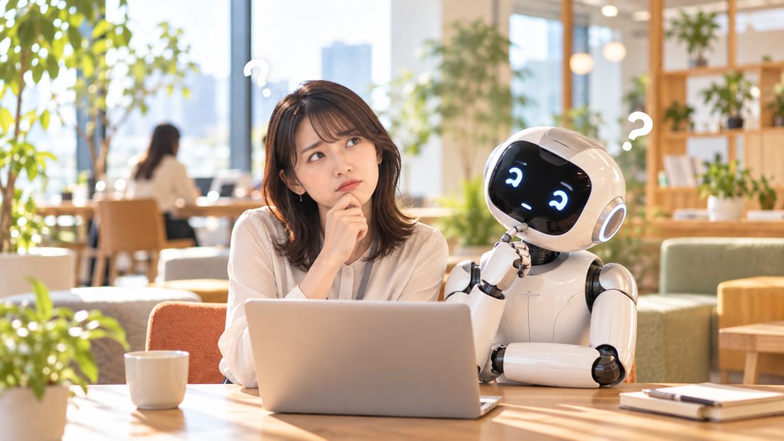 会社のことが分からず、考え込む社員とAI